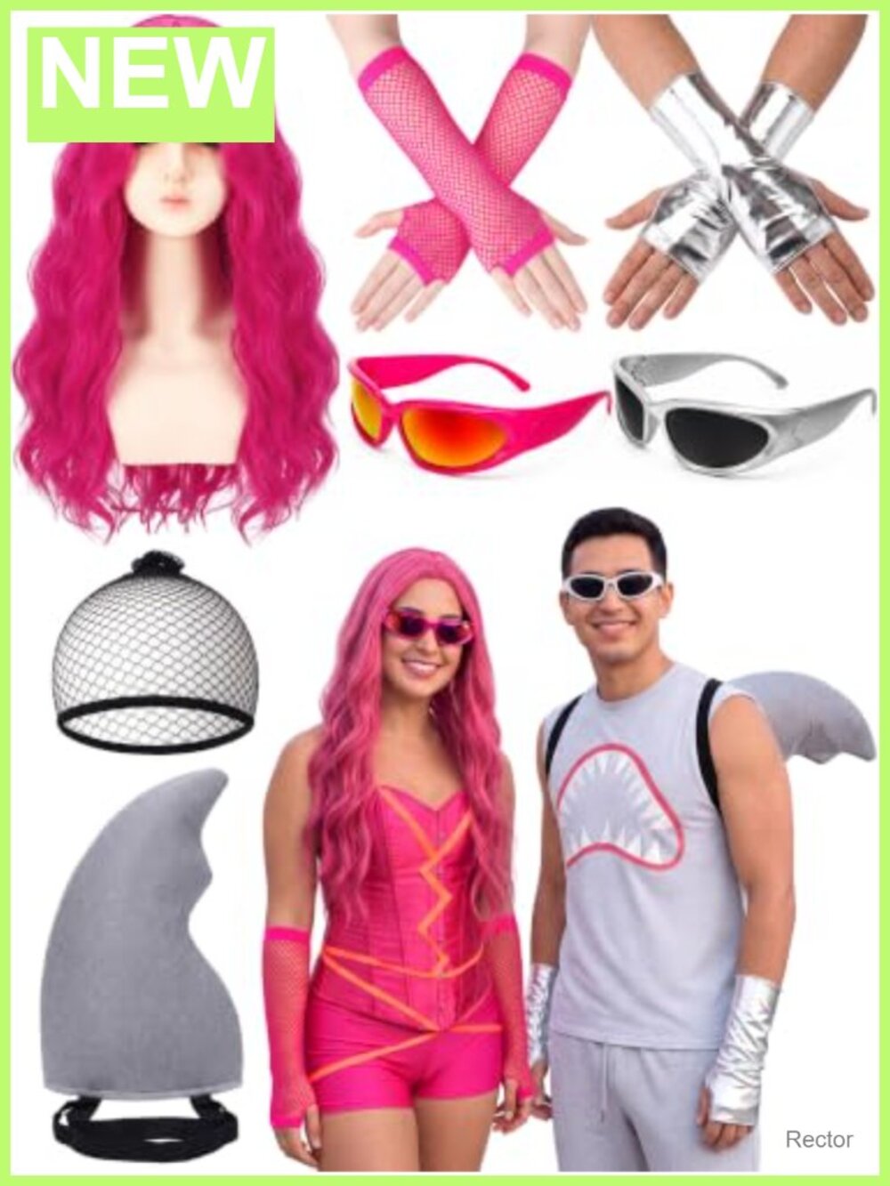 7 Pc Halloween Couple Costume Set Shark Fin Wig Gloves Cosplay Accessories